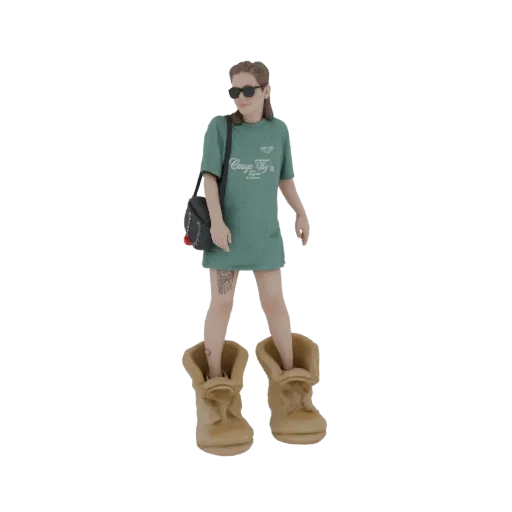 3D model of a woman wearing a green t-shirt, sunglasses, and large, fluffy boots, with a shoulder bag.