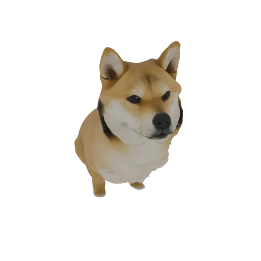 3D model of a Shiba Inu dog with alert ears and a curious expression, set against a black background.