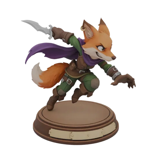 3D model of a stylized fox rogue character in a dynamic action pose, holding a dagger, on a circular base.