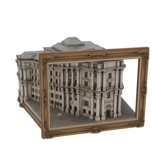 3D model of a detailed Baroque building framed by an ornate golden border, showcasing intricate architectural details.