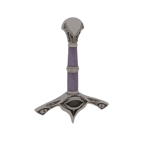 3D model of an ornate elven sword hilt with a silver-like eye-shaped guard and a textured purple grip, set against a white ba