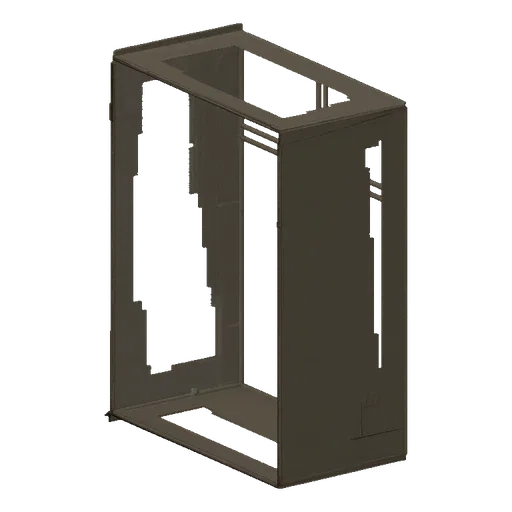 3D model of a modern, minimalist open wardrobe frame with a gray metallic finish, featuring a top rail and lower shelf.