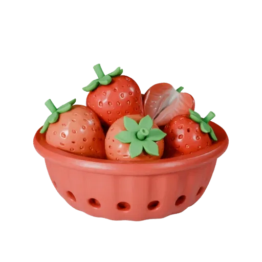 Ripe Strawberry Basket Printable 3D model, isometric STL render, showing skin pores, recognizable fruit forms.
