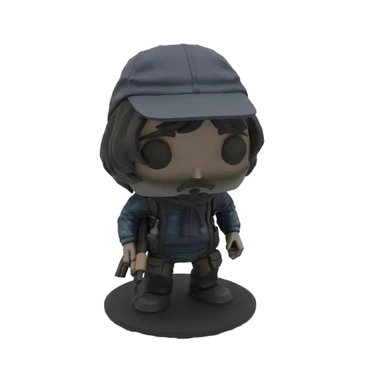 3D model of a wasteland survivor in Funko Pop style, wearing a cap, tactical vest, and holding a rifle, standing on a black b