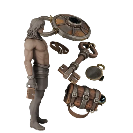 Adventurer Loot Key High Poly 3D model, close-up studio render, showing aged wood, clear pickup silhouette.