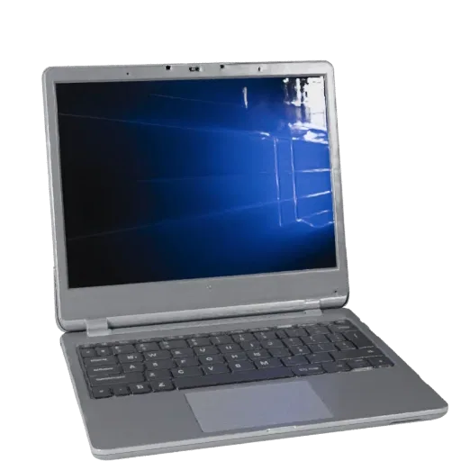 Gaming Tablet Computer Product Viz 3D model, three-quarter studio product render, showing brushed metal, open lid angle.