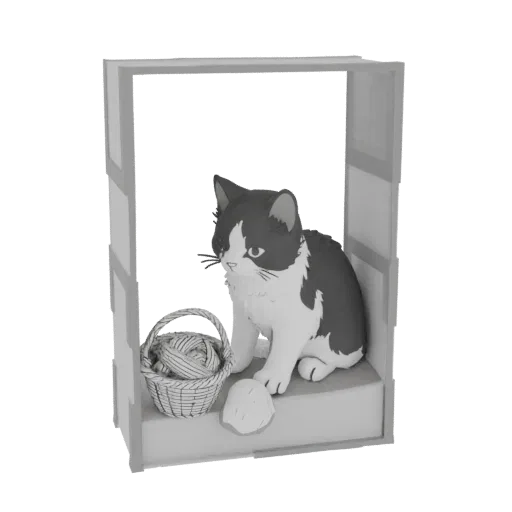 3D model of a black and white tuxedo cat sitting next to a basket of yarn, presented on a light gray platform.