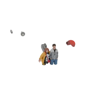 Modèle 3D d'un jeune couple marchant ensemble, l'un avec un sac à dos et l'autre tenant un appareil photo, rendu sur fond bla