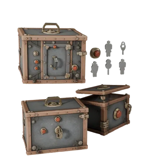 Dungeon Switch Box 3D model, three-quarter front view, Unreal Engine viewport, showing metal hinges, form detail.