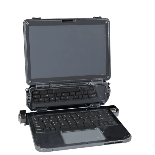 Business Portable Workstation Stylized 3D model, stylized isometric render, showing brushed metal, open lid angle.