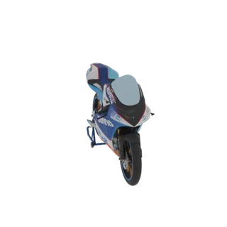 A 3D render of a blue and white racing motorcycle on a stand, viewed from the front-right.