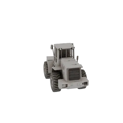 Modelo 3D imprimible Cargadora de Ruedas de Almacén, render STL isométrico, mostrando acero pintado, siluetas mecánicas grand