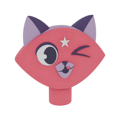 Modelo 3D de cabeça de gato rosa com interior da orelha roxo, piscando com um olho e com uma estrela branca na testa.
