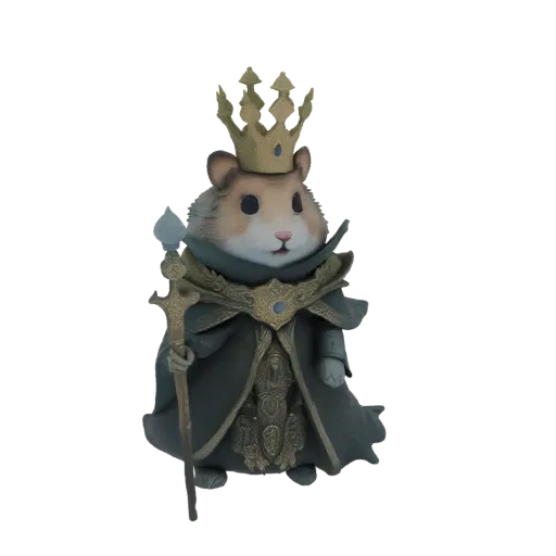 A 3D render of a hamster wearing a golden crown and a regal robe, holding a scepter.