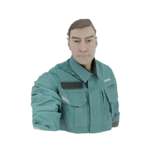 3D model render of a man wearing a teal work jacket, looking down slightly.