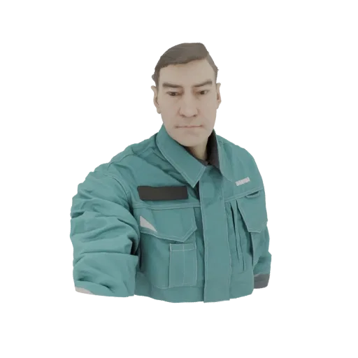 3D model render of a man wearing a teal work jacket, looking down slightly.