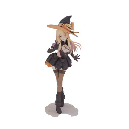 3D model of a cute anime witch figure in a Halloween costume, wearing a pumpkin-adorned hat and a black dress, posed playfull