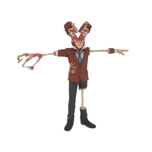 3D model of a horror character with a head split in two, skeletal arms, and tattered formal wear, standing in a T-pose.