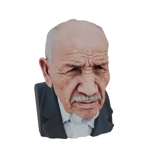 3D model of a grumpy old man's bust, showing detailed wrinkles and a stern expression, wearing a suit.