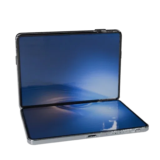 Foldable Tablet Phone 3D model, three-quarter front view, Unity viewport, showing glass screens, form detail.