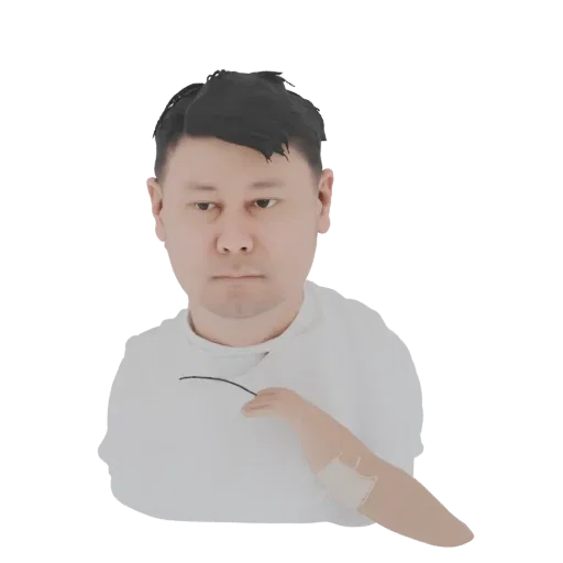 3D-Modell-Render eines Mannes mit dunklen Haaren, der ein weißes T-Shirt und einen Verband am rechten Unterarm trägt.