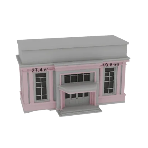 3D-Modell einer Jugendstil-Kino-Fassade mit Fenstern und Türen