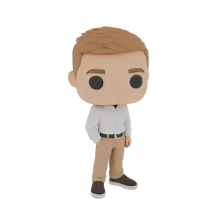 3D model of a casual man in Funko Pop style, wearing a white shirt and tan pants, with one hand in his pocket.