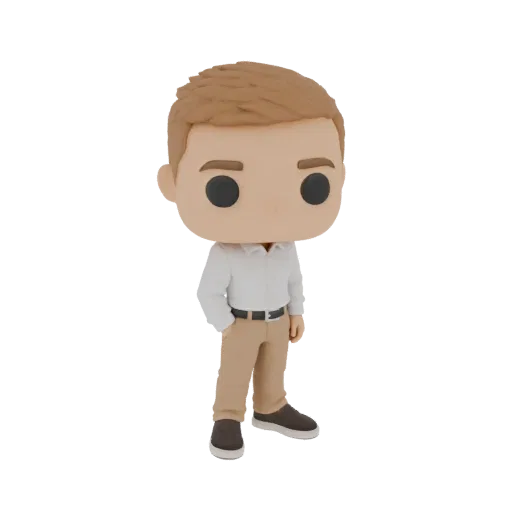 Modello 3D uomo casual stile Funko Pop, con camicia bianca, pantaloni beige e una mano in tasca.