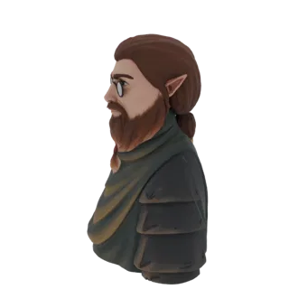 3D-Render einer Fantasy-Elfen-Gelehrten-Büste, Seitenansicht, mit runder Brille, geflochtenem Bart, spitzen Ohren und Elfenkl