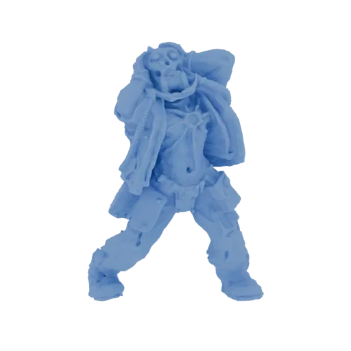 3D model of a sci-fi soldier wearing a gas mask and a trench coat, posed dynamically.