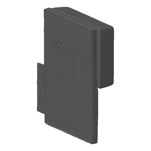 3D render of a dark gray embossed plaque with the number 128 and lines of text.