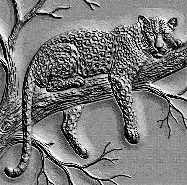 3D model of a leopard bas-relief resting on a tree branch, with high detail in texture and form.