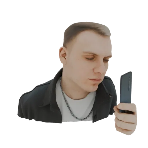 3D-Modell eines jungen Mannes in dunkler Jacke und Kettenkette, der auf ein Smartphone schaut, das er in der Hand hält.