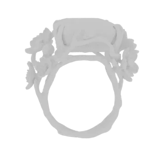 Modelo 3D de anillo blanco con diseño de rama floral rodeando una gema ovalada.