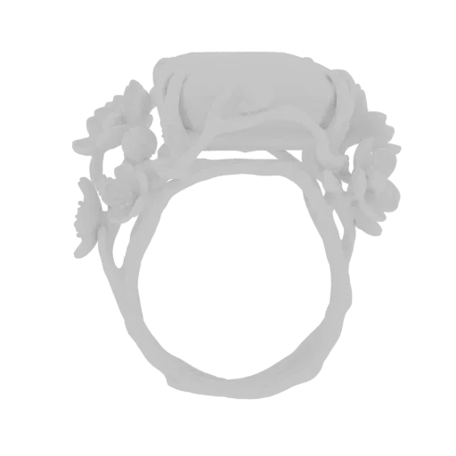 3D model of a white ring with a floral branch design wrapping around an oval gemstone.
