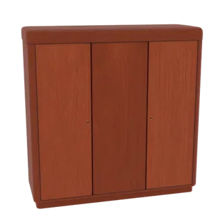 A 3D render of a mid-century modern wooden cabinet with three doors and a warm wood grain finish, set against a white backgro