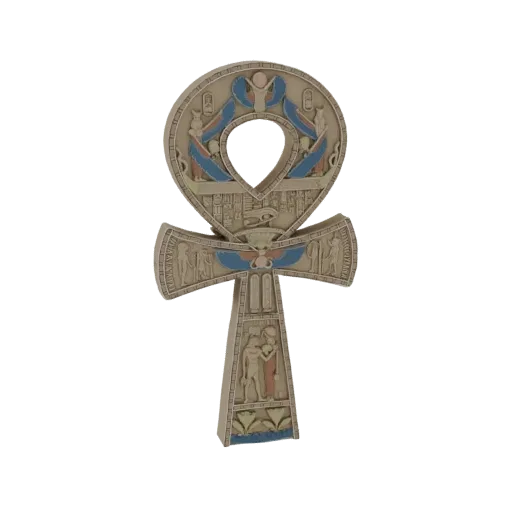 3D model of an ancient Egyptian Ankh symbol, featuring intricate hieroglyphs and divine figures, rendered in a stone-like tex