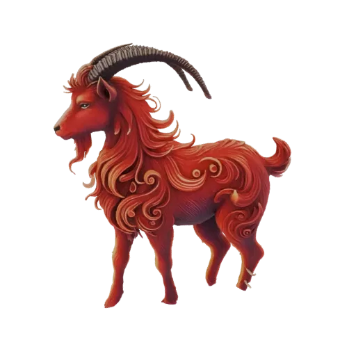 A 3D model of a crimson Capricorn with intricate golden swirls, standing majestically against a black background.