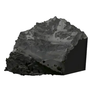 3D model of a jagged mountain range with rocky ridges, snow-dusted peaks, and an alpine forest at its base.