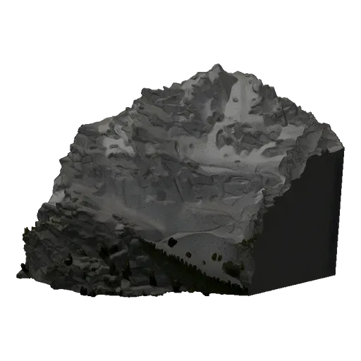 3D model of a jagged mountain range with rocky ridges, snow-dusted peaks, and an alpine forest at its base.