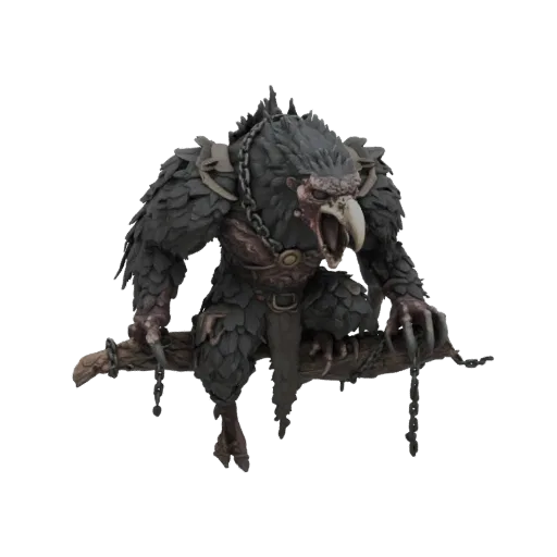 A terrifying hybrid monster, part deformed Slavic bandit and part predatory bird, with dark feathers and massive claws, sits