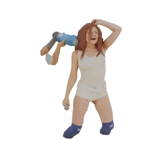 Modello 3D di una donna con capelli rossicci, indossa una canotta bianca e pantaloncini, inginocchiata e tiene una bambola.