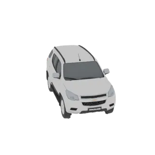 Um modelo 3D de um SUV Chevrolet Trailblazer branco, visto de um ângulo frontal direito ligeiramente elevado contra um fundo