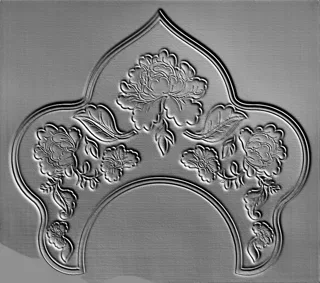 3D model of baroque style bas-relief with flowers and leaves, featuring a semicircular arch at the bottom