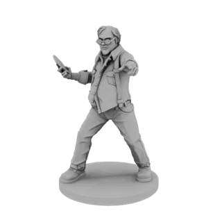 3D model of a man wearing glasses, holding a smartphone, and pointing forward.