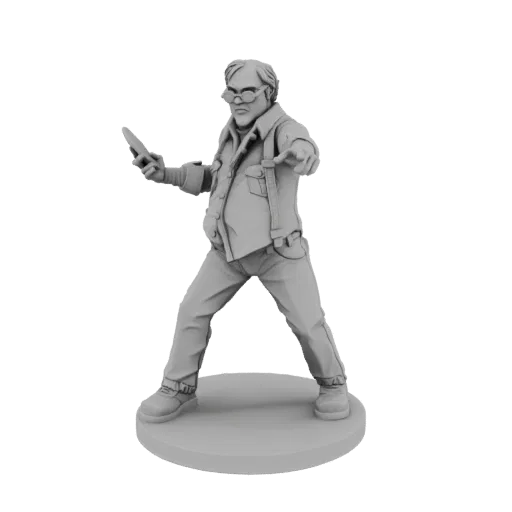 3D model of a man wearing glasses, holding a smartphone, and pointing forward.