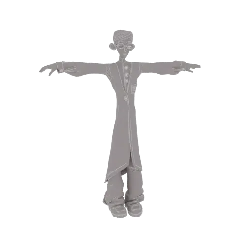 3D model of a stylized scientist character with glasses and a lab coat, in a T-pose.