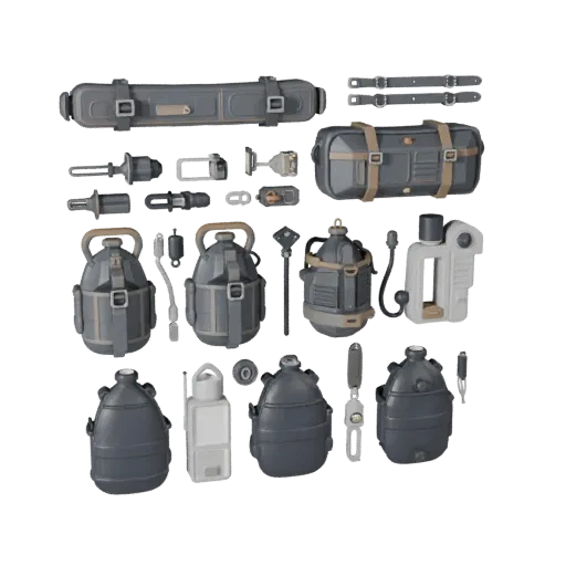 Survival Canteen Kit 3D model, three-quarter front view, Unity viewport, showing canvas, packable silhouettes.