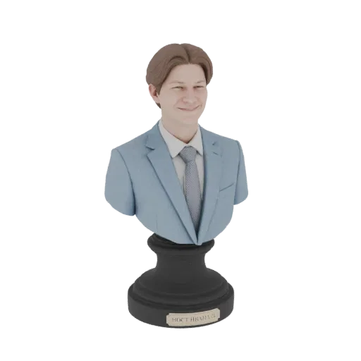 Modèle 3D buste d'homme souriant en costume bleu clair et cravate, sur une base noire avec inscription.