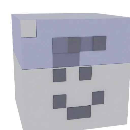 A 3D render of a pixelated ghost cube with a translucent lavender top and a white bottom featuring a simple dark gray face.